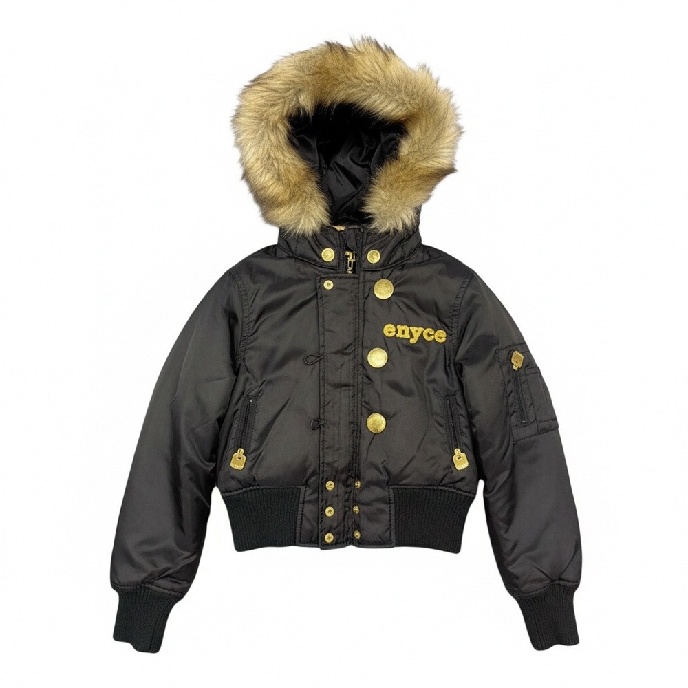 Kids Enyce‎ Vintage Black Hooded Bomber Jacket Faux Fur Gold Sequins Embellished